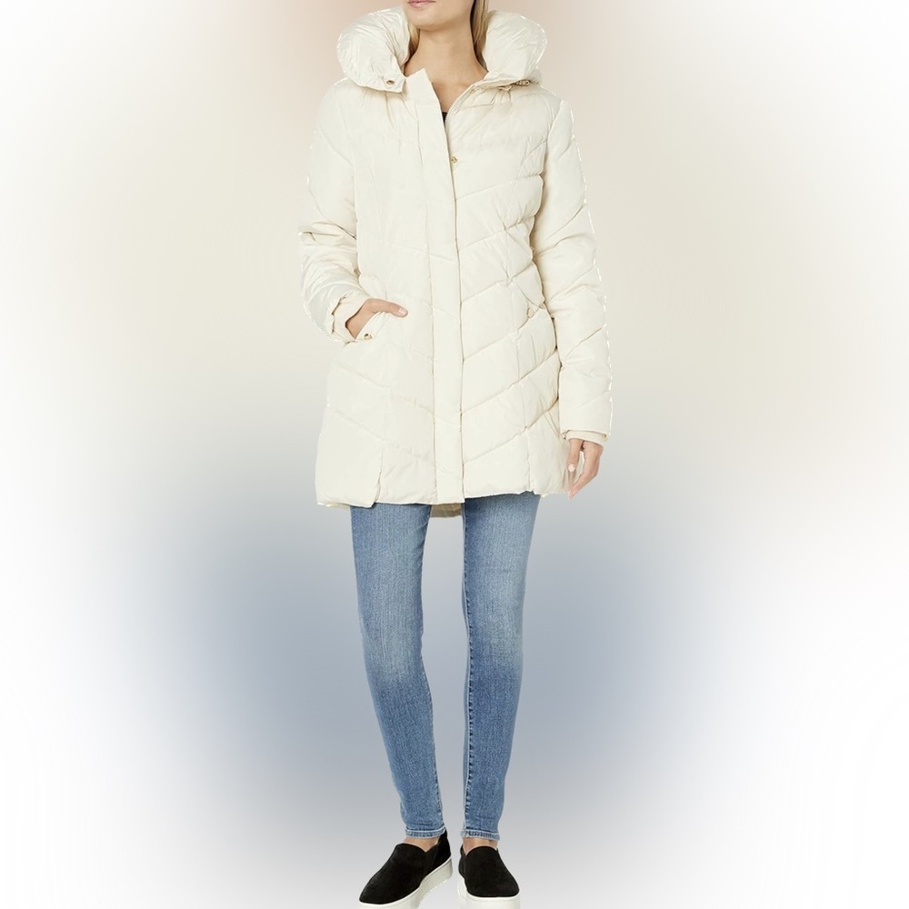 Steve Madden Off-White Hooded Long Puffer Coat, Size XL, NEW